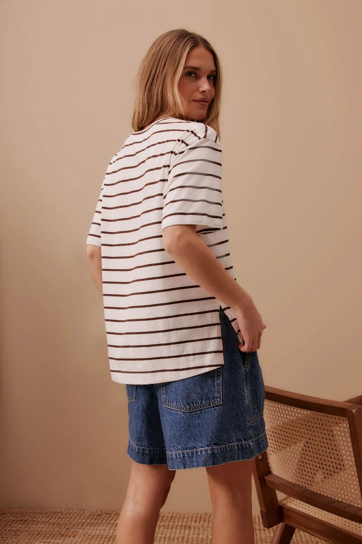 Stevie Slouchy Tee - Vanilla/Choc Fine Stripe