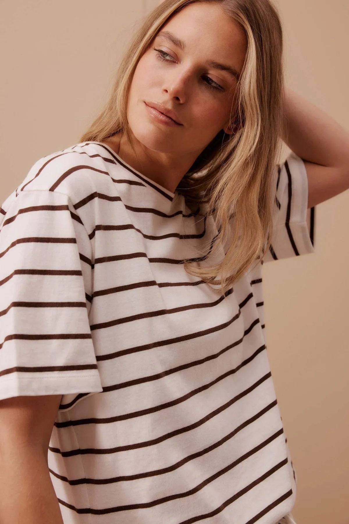 Stevie Slouchy Tee - Vanilla/Choc Fine Stripe