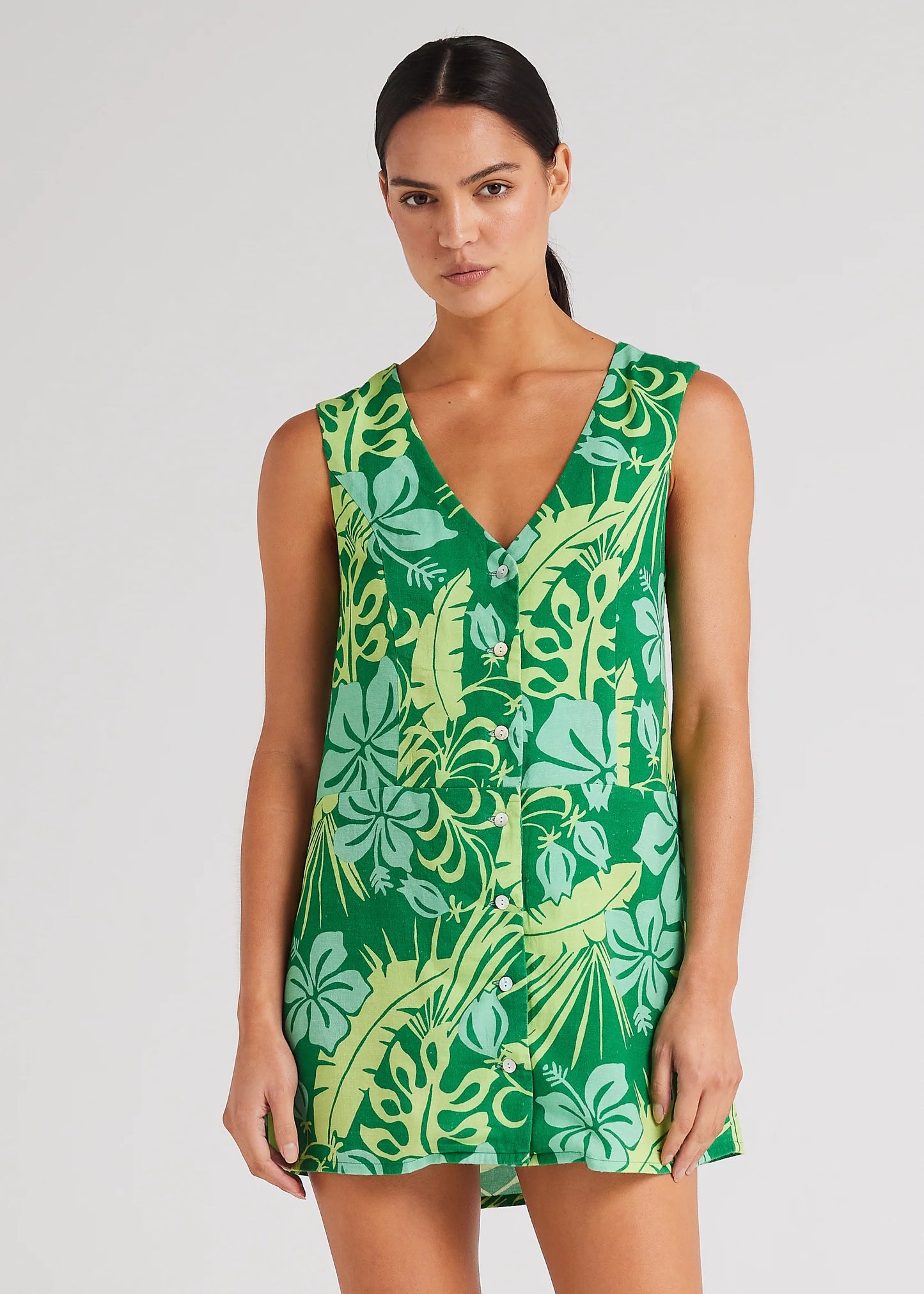 Tahiti V Button Up Dress - Leaf