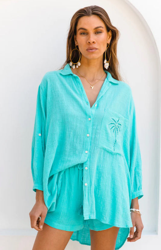 Three Palms Shirt - Turquoise - OS