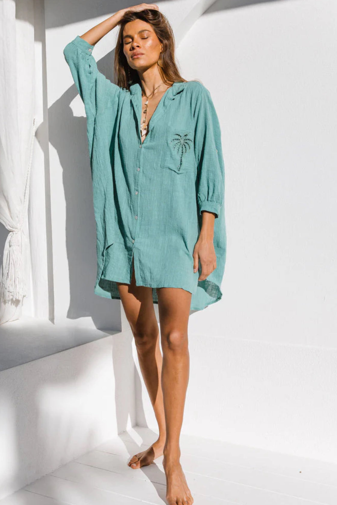 Three Palms Shirt Dress - Sea Green - OS