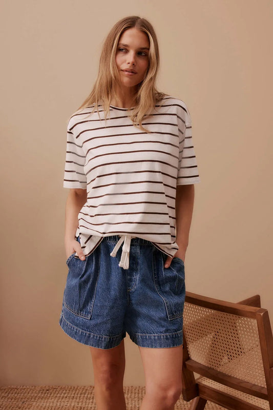 Stevie Slouchy Tee - Vanilla/Choc Fine Stripe