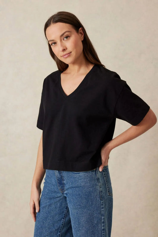 Boxy Vee Neck Tee - Black